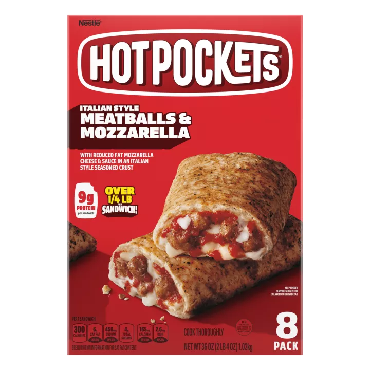 Caja de Italian Style Meatballs and Mozzarella Hot Pockets® que lee paquete de 8, 9g de proteína y ¼ LB por sándwich.