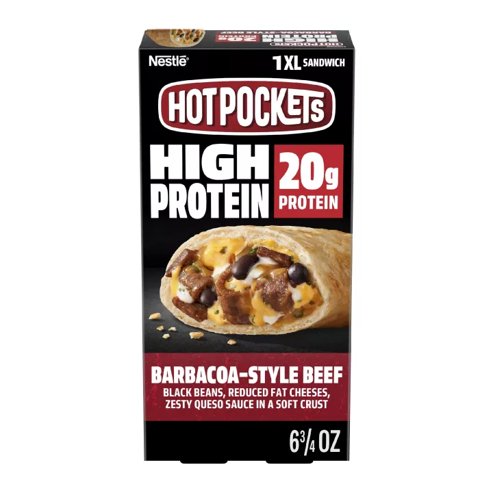 Vista frontal centrada de caja de NESTLE HOT POCKETS Frozen Snack Protein Steak de 6.75 oz (191 g).