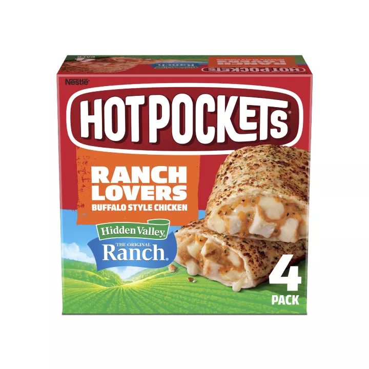 Front Center view of NESTLE HOT POCKETS Buffalo Chicken Ranch 17oz NET WT 17 oz (1 lb 1 oz) 481 g product.