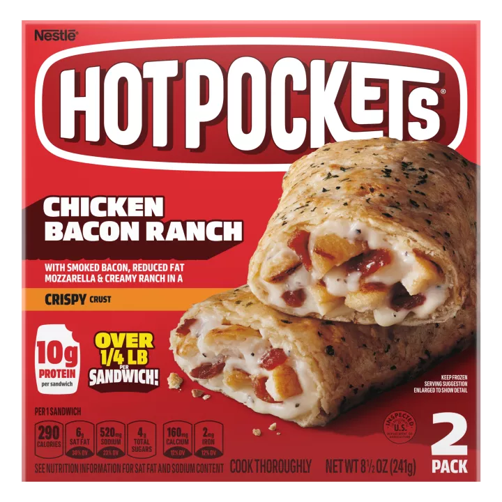 Front Center view of HOT POCKETS Chicken Bacon Ranch Frozen Sandwiches 2 PK 8.5oz Box NET WT 8 1/2 OZ (241 g) product.