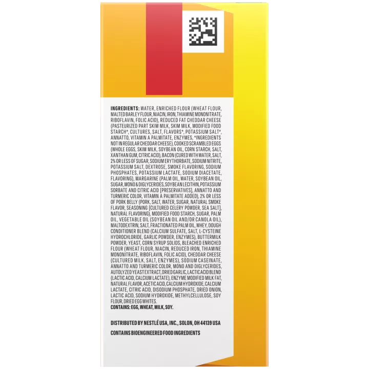 A yellow box of Bacon, Egg & Cheese Hot Pockets with a croissant crusted sandwich on a green label.