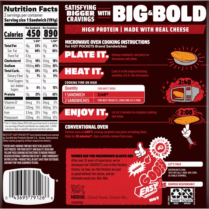 Left angle view photograph of a box of Sriracha Steak Hot Pockets® featuring the red and white Hot Pockets logo above the product name and the Big & Bold label beside a golden brown sriracha blasted crust stuffed with steak, jalapenos, and melted cheddar cheese on a dark red surface with a “2 Pack” label in the bottom right corner.