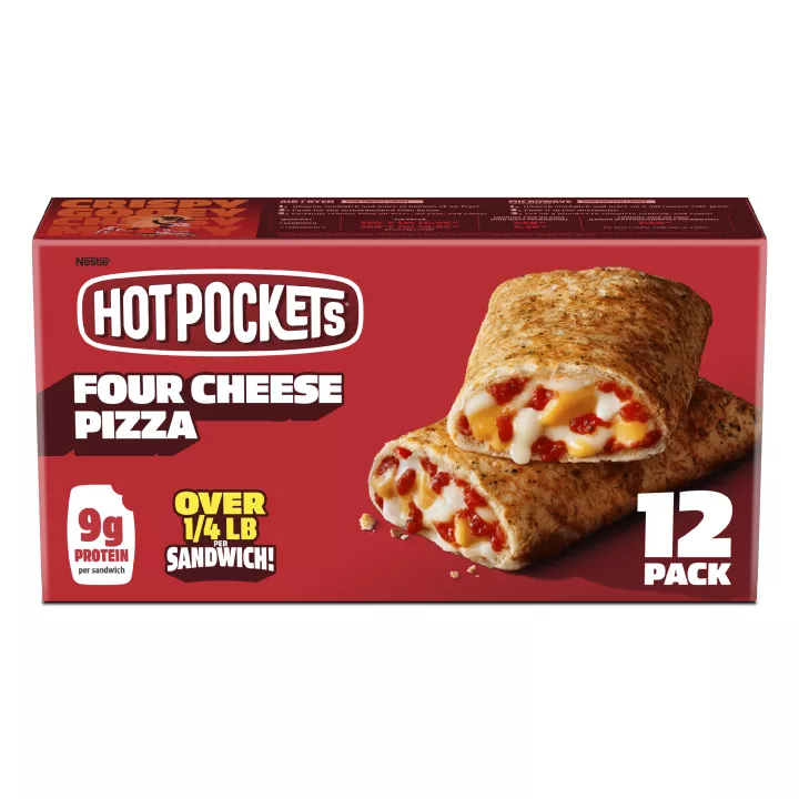 Front Center view of Hot Pockets Four Cheese Pizza 12PK Frozen Sandwiches 51oz Box NET WT 51 oz (3 lb 3 oz) 1.44 kg product.