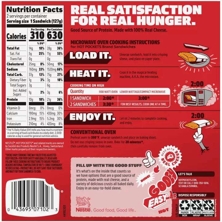 Left angle view photograph of a box of Four Meat & Four Cheese Hot Pockets featuring the red and white Hot Pockets logo and product name beside a golden brown pizza crusts stuffed with pepperoni, sausage, Canadian style bacon, hamburger, and cheeses on a black surface with a “2 Pack” label the bottom right corner.