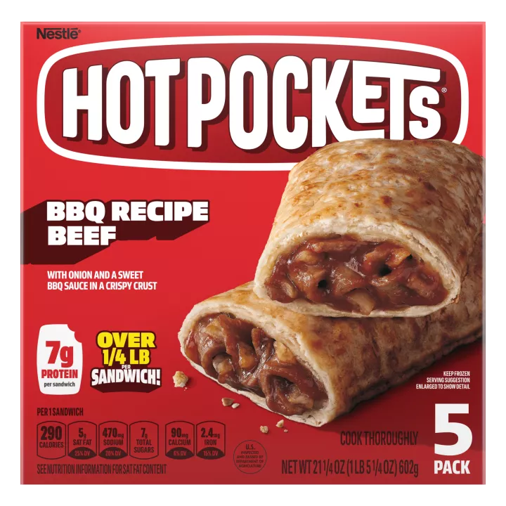 Front Center view of NESTLE HOT POCKETS Frozen Snacking Barbecue Beef 21.25oz Packaging NET WT 21 1/4 oz (1 lb 5 1/4 oz) 602 g product.