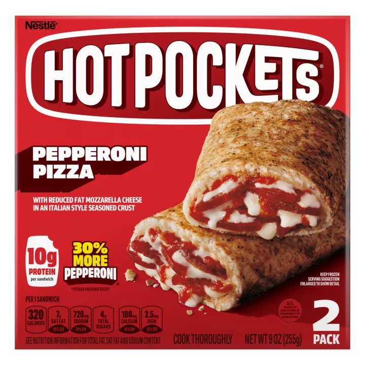 Box of Pepperoni Pizza Hot Pockets® with the product name, product image and a “2 Pack” label in the bottom right corner.