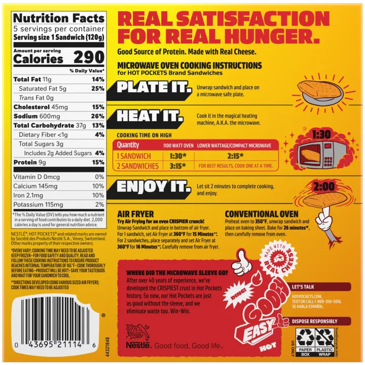 A yellow box of Bacon, Egg & Cheese Hot Pockets with a croissant crusted sandwich on a green label.