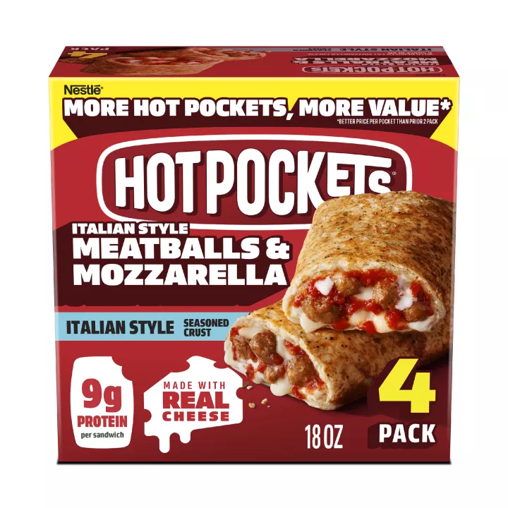 Front Center view of NESTLE HOT POCKETS Meatballs and Mozzarella 18oz NET WT 18 oz (1 lb 2 oz) 510 g product.