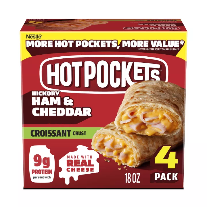 Front Center view of Hot Pocket Ham and Cheese Croissant Crust 4pk Frozen Sandwiches 18oz Box product.