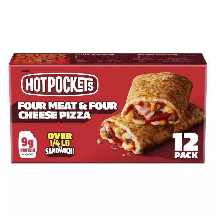 Front Center view of Hot Pocket Four Meat Four Cheese 12pk Frozen Sandwiches NET WT 51 oz (3 lb 3 oz) 1.44 kg product.