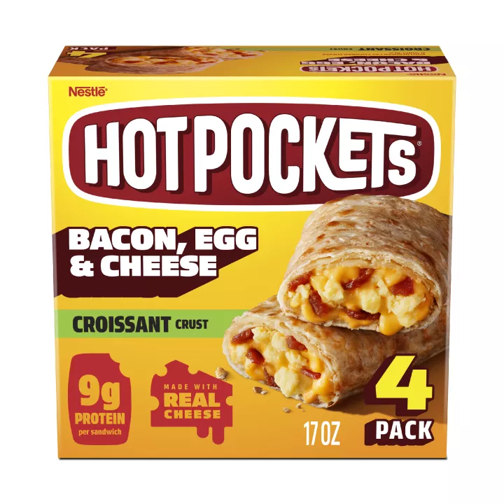 Front Center view of Hot Pockets Bacon Egg and Cheese 4 PK Frozen Sandwiches 17oz Box NET WT 17 oz (1 lb 1 oz) 481 g product.