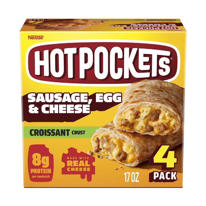 Front Center view of NESTLE HOT POCKETS Frozen Snack Croissant Crust Sausage Egg Cheese 17oz Box NET WT 17 oz (1 lb 1 oz) 481 g product.