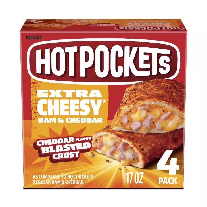 Front Center view of Hot Pockets Cheddar Blasted Ham and Cheddar Frozen Sandwiches 17oz 4PK Box NET WT 17 oz (1 lb 1 oz) 481 g product.