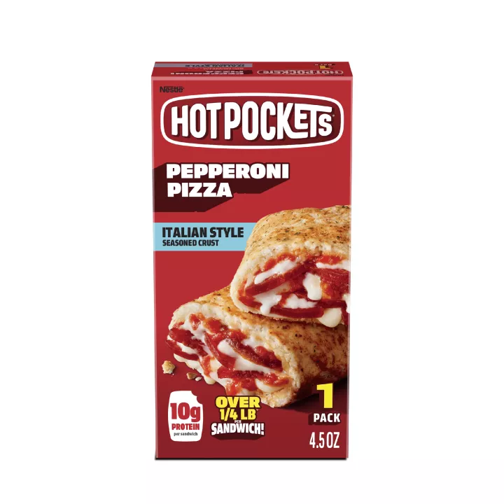Front Center view of Hot Pockets Pepperoni Pizza Italian Style Seasoned Crust 1PK Frozen Sandwich 4.5oz NET WT 4.5 oz (127g) product.