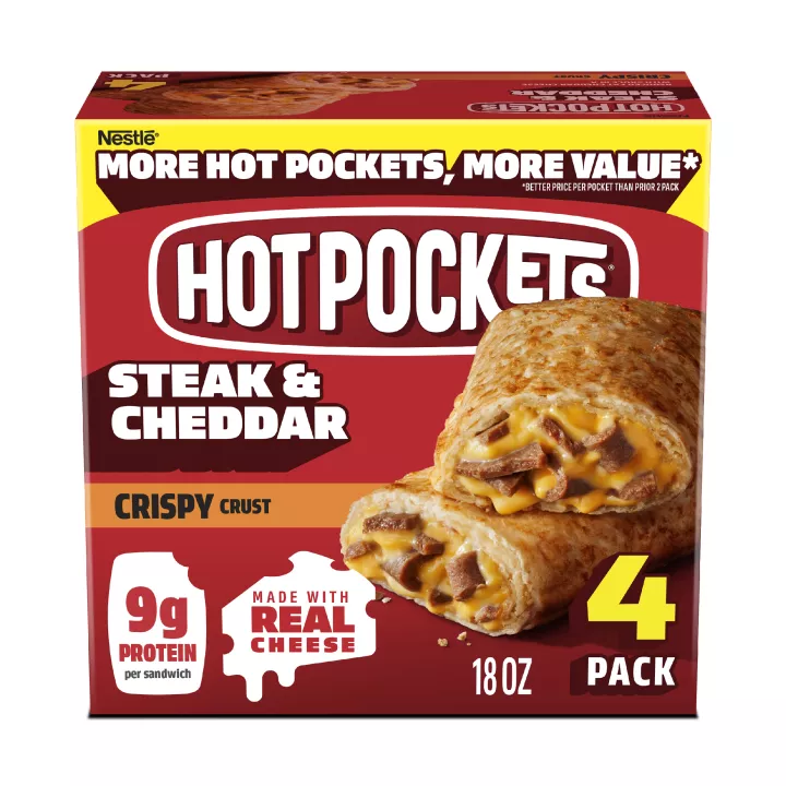 Front Center view of NESTLE HOT POCKETS Crispy Crust Steak and Cheddar 4 pack product.