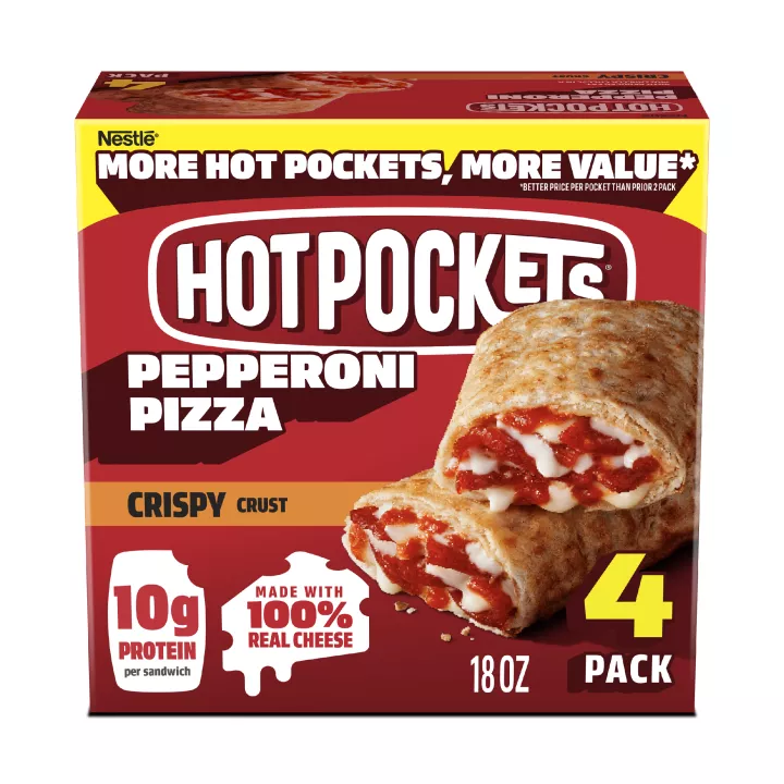 Front Center view of Hot Pockets Pepperoni Crispy Crust Frozen Sandwiches 18 oz 4 Pack Box NET WT 18 oz (1 lb 2 oz) 510 g product.