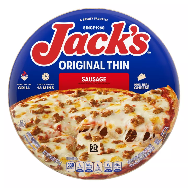 A package of sausage pizza with a red label, a spatula lifting a pizza slice, and the Jack's logo on a blue background.