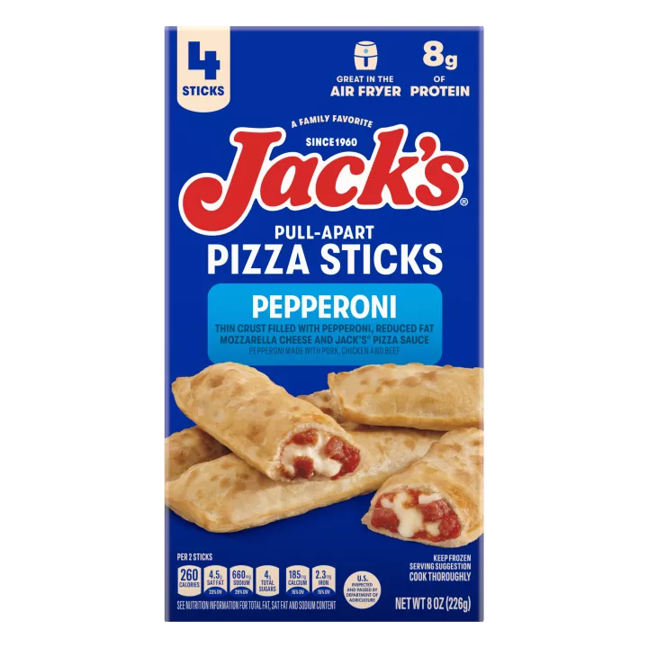 Package of Jack's Pepperoni Pull-Apart Pizza Sticks with 4 pizza sticks and great in air fryer & 8 grams of protein badges