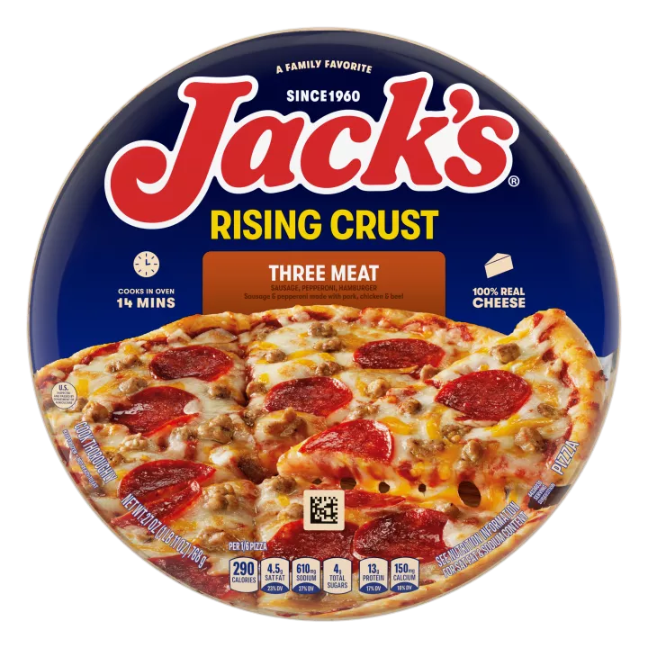 Un empaque de tres pizzas de carne con una etiqueta de color naranja oscuro, una espátula bajo una pizza y el logotipo de Jack's sobre un fondo azul.