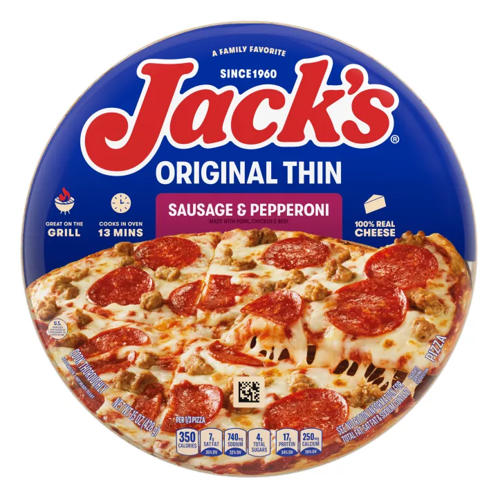 Package of sausage & pepperoni pizza with a purple label, a spatula under a pizza, and the Jack's logo on a blue background.