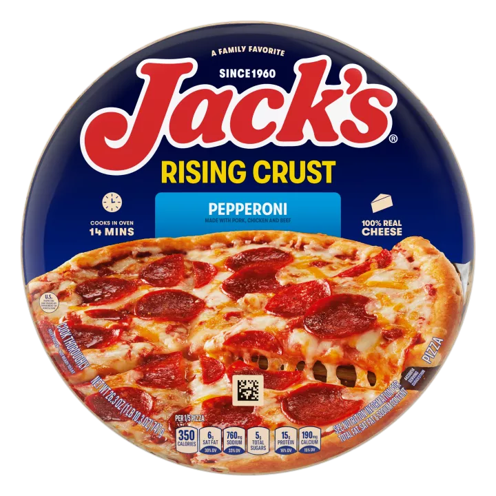 Un empaque de pizza de pepperoni con una etiqueta azul, una espátula que levanta una porción de pizza y el logotipo de Jack's sobre un fondo azul.