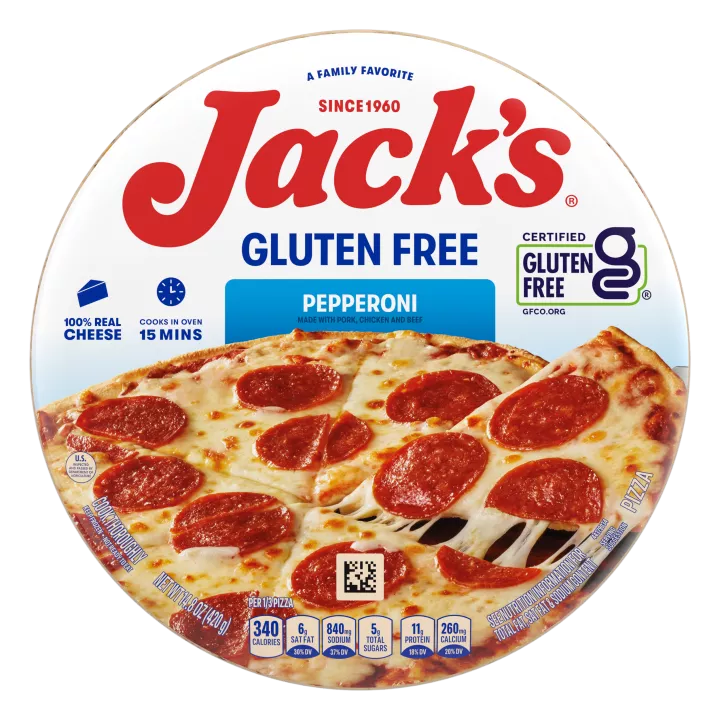 Front Center view of Jacks Pizza Gluten Free Crust Pepperoni 12in Frozen Pizza 14.8oz Box product.