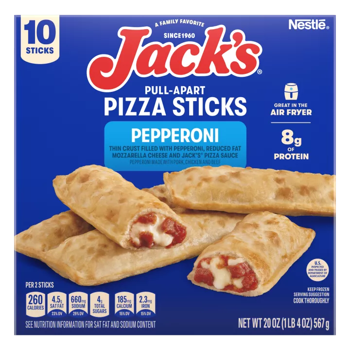 A blue package featuring Jack’s Sausage Pizza Sticks below a Jack's logo and a red “sausage” label.