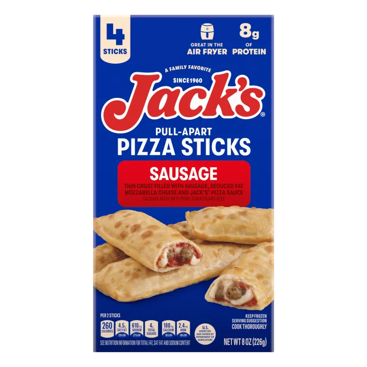 Package of Jack's Sausage Pull-Apart Pizza Sticks with 4 pizza sticks and great in air fryer and 8 grams of protein badges. Sausage made with pork, chicken and beef.