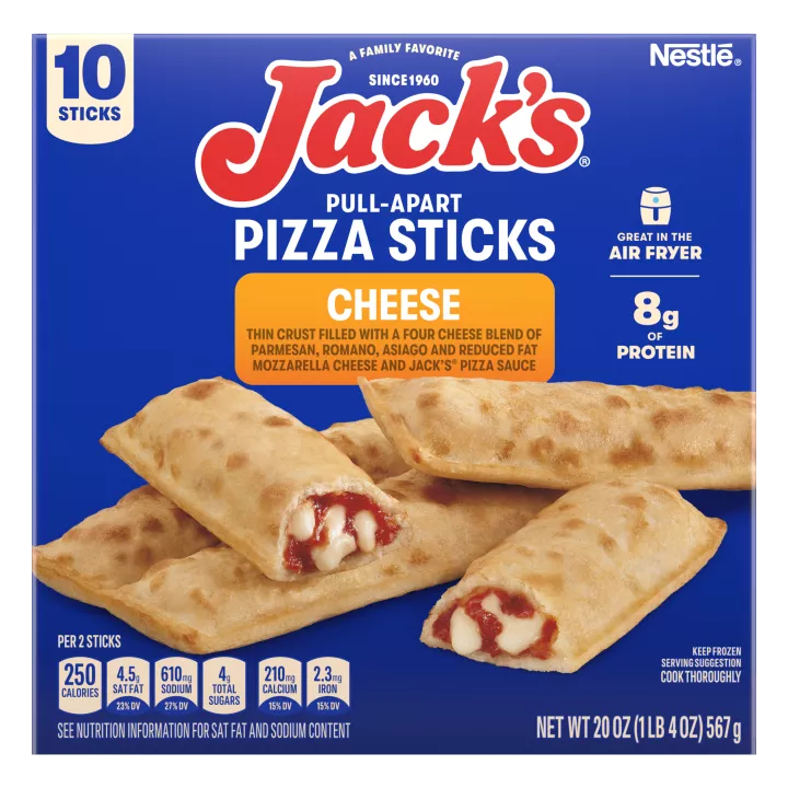 Package of Jack’s cheese pull-apart pizza sticks with pizza sticks and Great in the Air Flyer and 8g of protein badges.