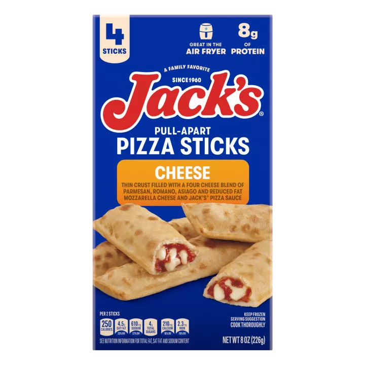 Package of Jack's Cheese Pull-Apart Pizza Sticks with 4 pizza sticks and great in air fryer & 8 grams of protein badges