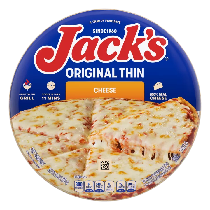 A package of cheese pizza with an orange label, a spatula lifting a pizza slice, and the Jack's logo on a blue background.
