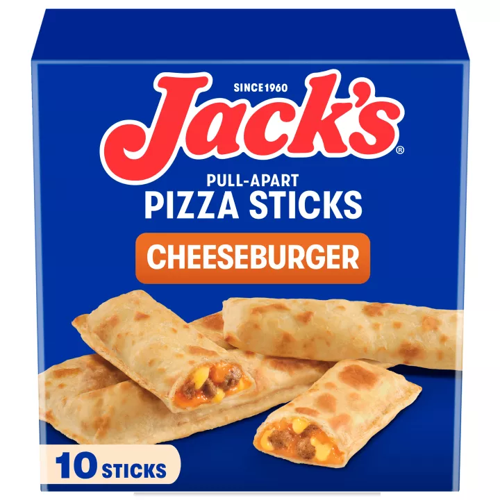 Front Center view of Jacks Pull-Apart Pizza Sticks Cheeseburger 20 oz 10 Sticks Box product.