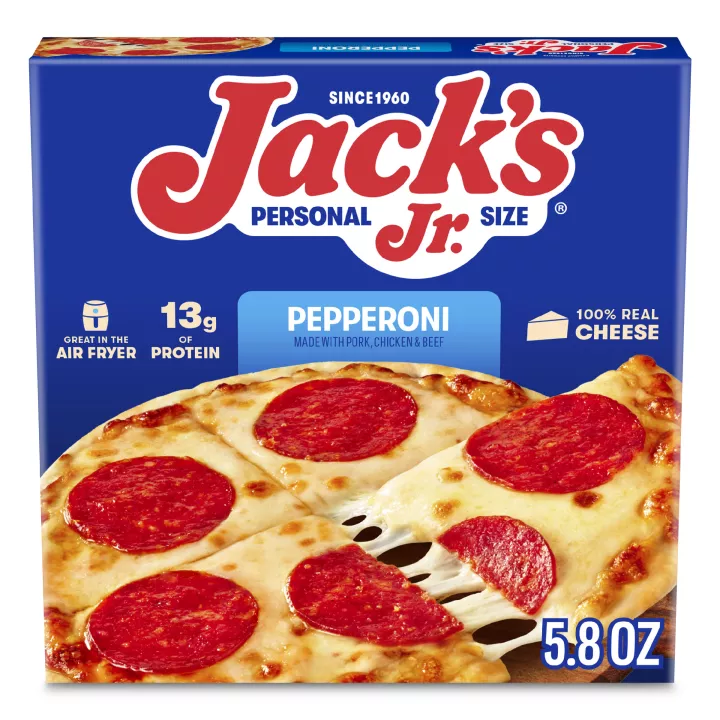 Front Center view of JACK'S Pepperoni Pizza Personal Jr. Size 5.8oz Box NET WT 5.8 oz (167g) product.