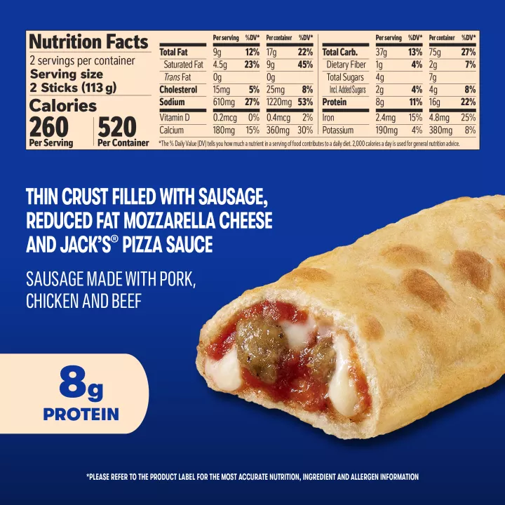 Sausage Pizza Sticks. Sausage made with pork, chicken and beef