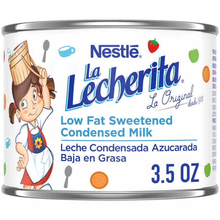 A pack of 6 La Lecherita cans featuring the La Lecherita logo on a white can with blue and yellow polka dots.