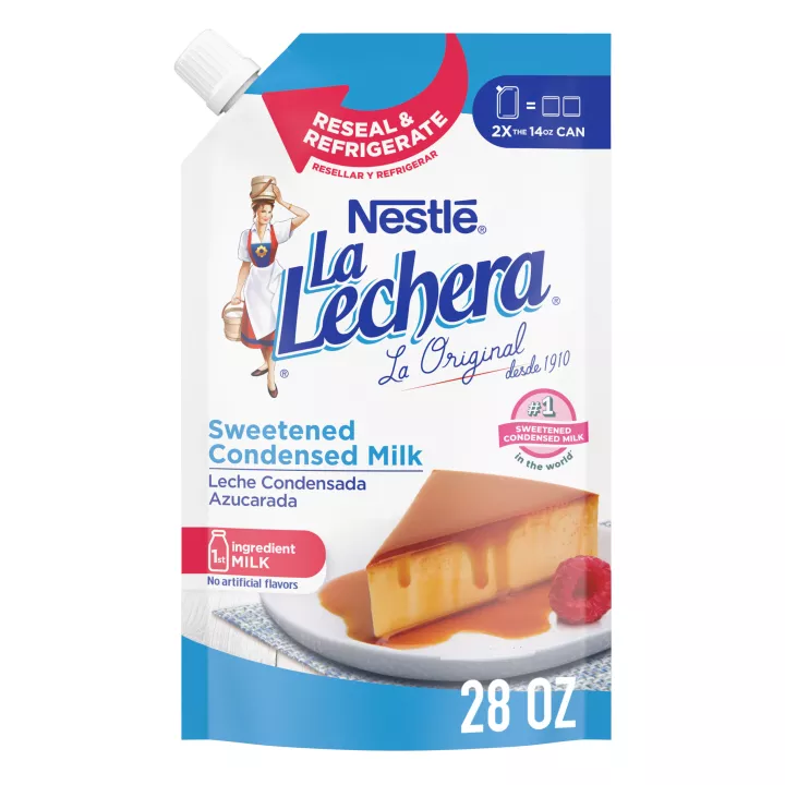 A resealable package of condensed milk with the La Lechera logo above a plate of flan with a raspberry with a number one sweetened condensed milk in the world badge.
