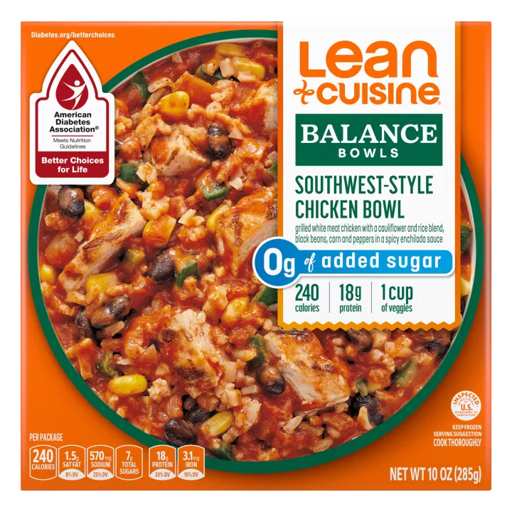 Caja de Tazón Balance de Pollo estilo southwest que dice Better Choices for Life de la Asociación Americana de Diabetes.