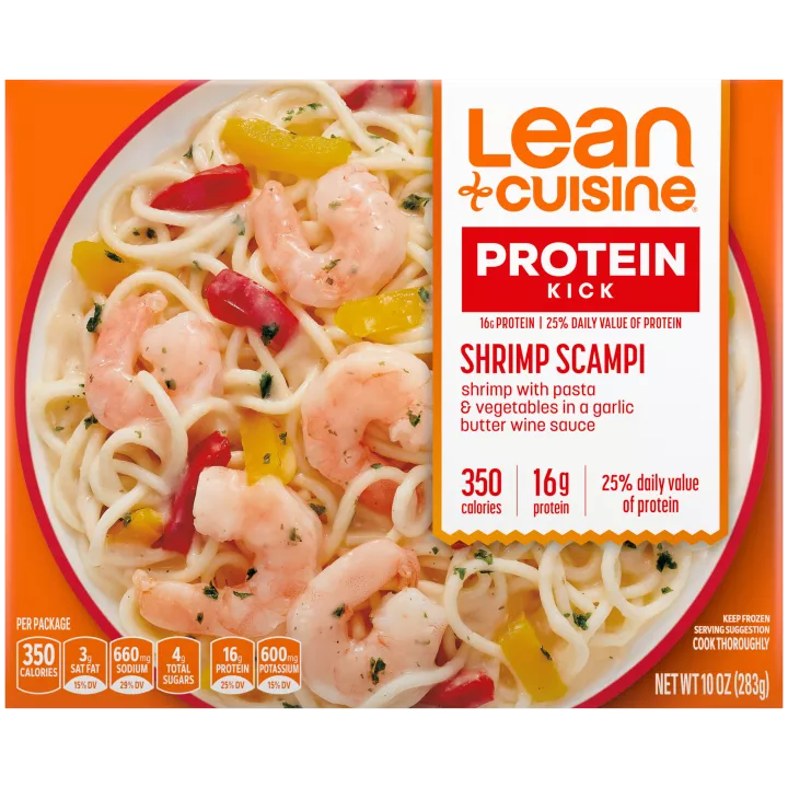 A box of Shrimp Scampi with a Protein Kick label near a bowl of shrimp and pasta in a red pepper and seafood sauce.