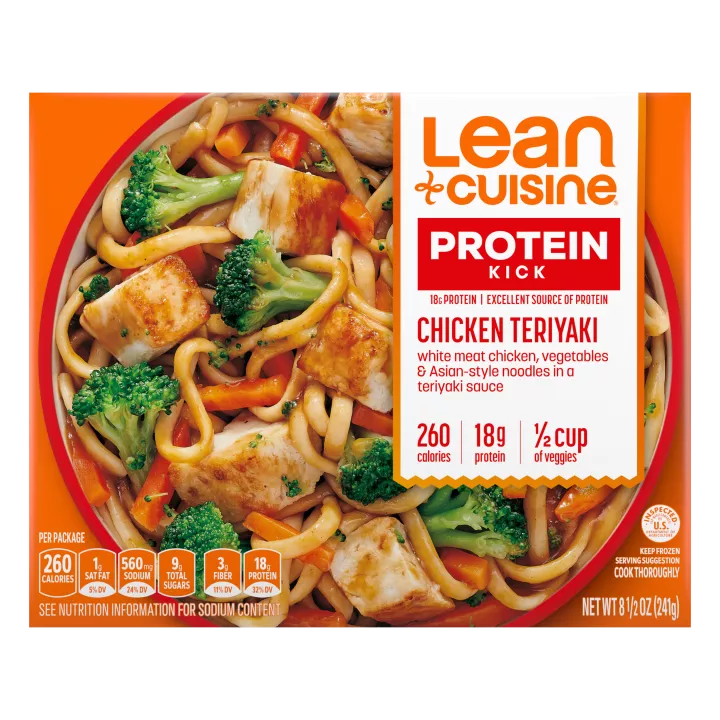 A box of Chicken Teriyaki with Protein Kick label with 260 calories, 18 grams of protein and half cup of veggies near a bowl of noodles with teriyaki chicken and vegetables.