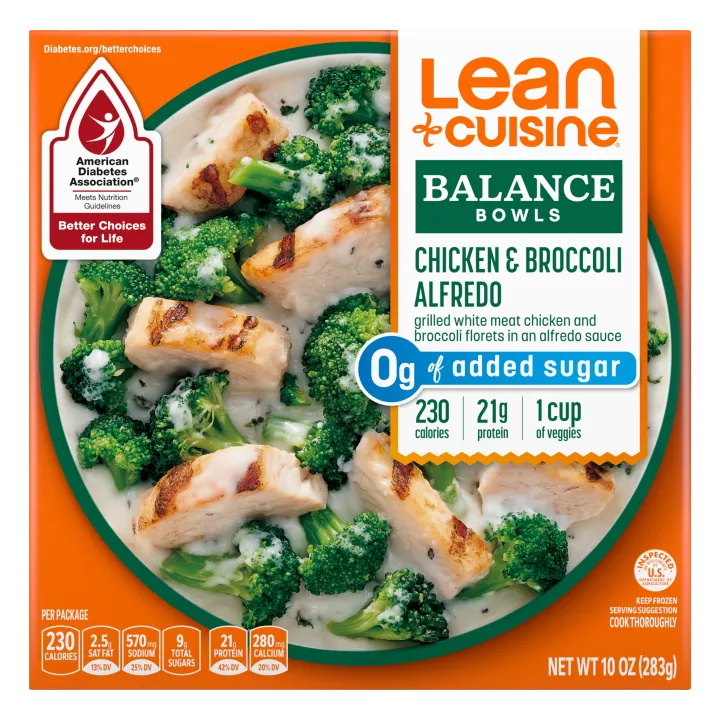 Front image of a package of Lean Cuisine chicken and broccoli Alfredo Balance Bowls.