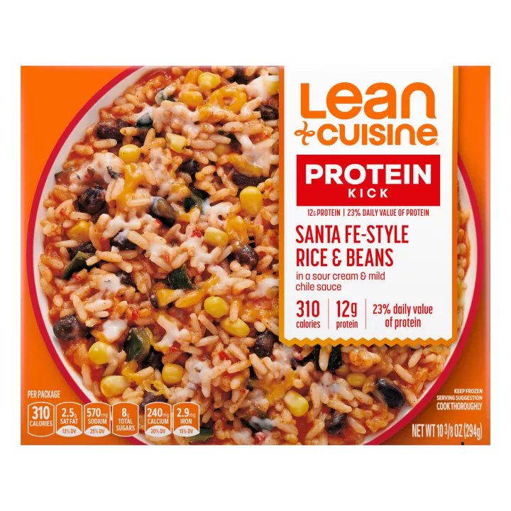 A box of Santa-Fe Style Rice and Beans with the Protein Kick label near a bowl of rice, beans, corn and sour cream.