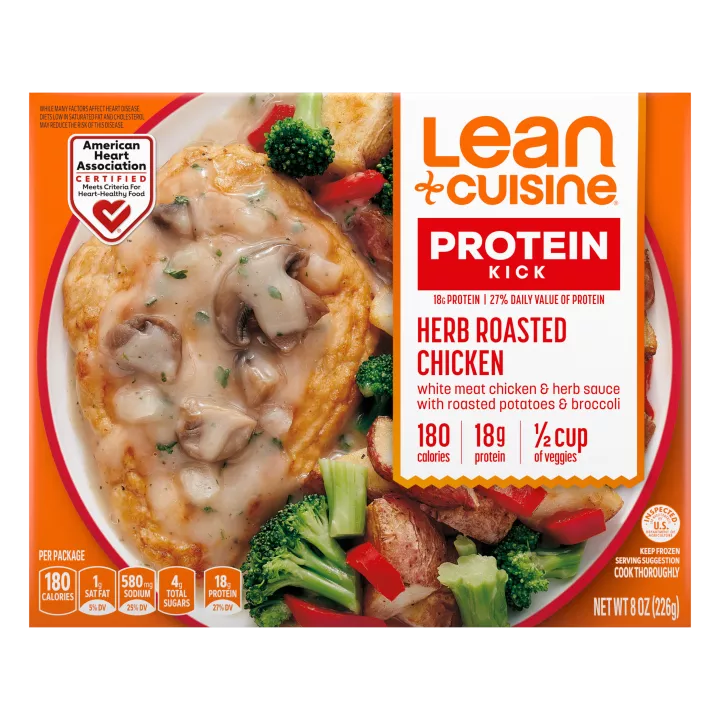 A box of Herb Roasted Chicken with a Protein Kick label near a bowl of chicken with mushroom sauce, broccoli, and potatoes.