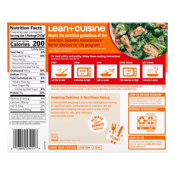 Front Left view of Lean Cuisine Chicken & Broccoli Alfredo
Frozen Entrée 10oz Box NET WT 8.9 OZ (253g) product.