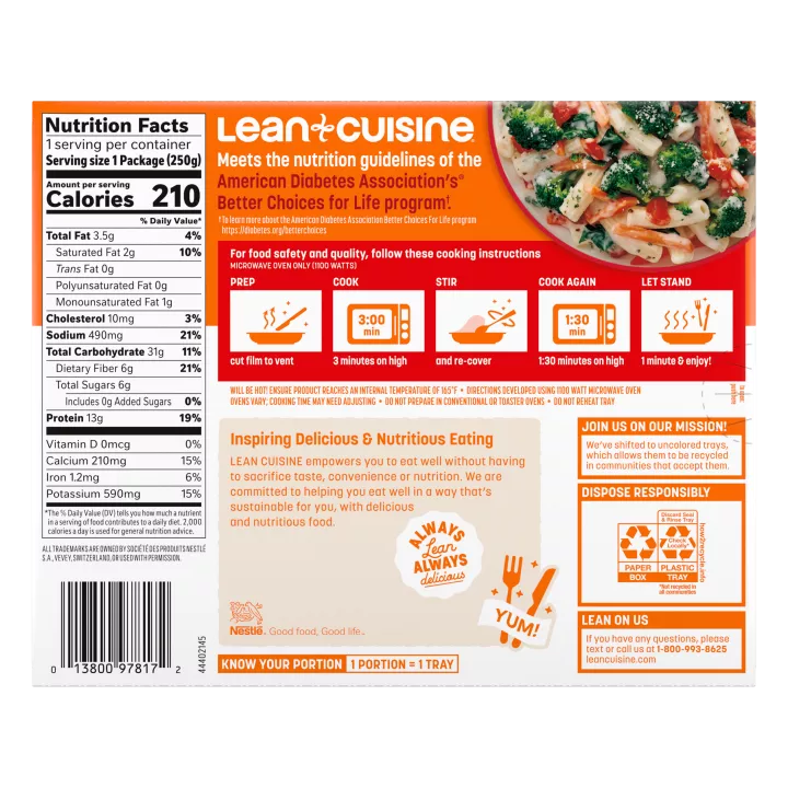 Front Left view of Lean Cuisine Pasta Primavera Frozen Entrée 8.8oz Box NET WT 8.8 oz (250 g) product.