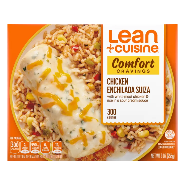 A box of Chicken Enchilada Suiza with a Comfort Cravings label near a bowl of chicken enchilada and Mexican-style rice.