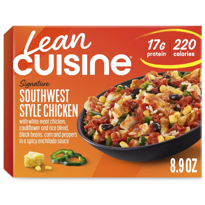 Vista frontal centrada de caja de Lean Cuisine SW Style Chicken Frozen Entrée de 8.9oz/PESO NETO 8.9oz (255g).