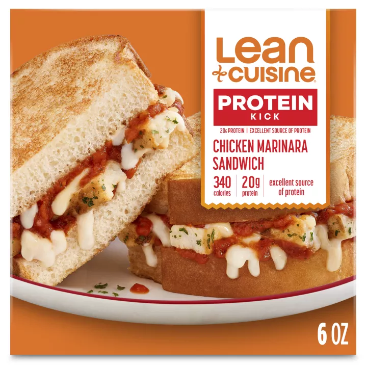 Box of Chicken Marinara Sandwich with a Protein Kick, 20g protein, 34 calories and excellent source of protein labels.