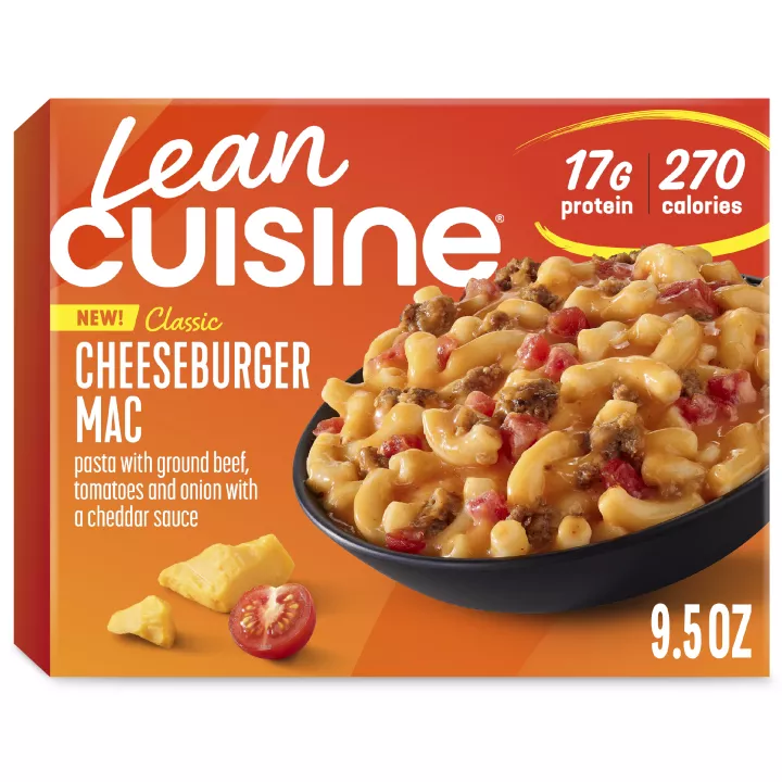 Vista frontal centrada de caja de 9.5 oz (269 g) de comida congelada de cazuela de hamburguesa con queso de LEAN CUISINE.