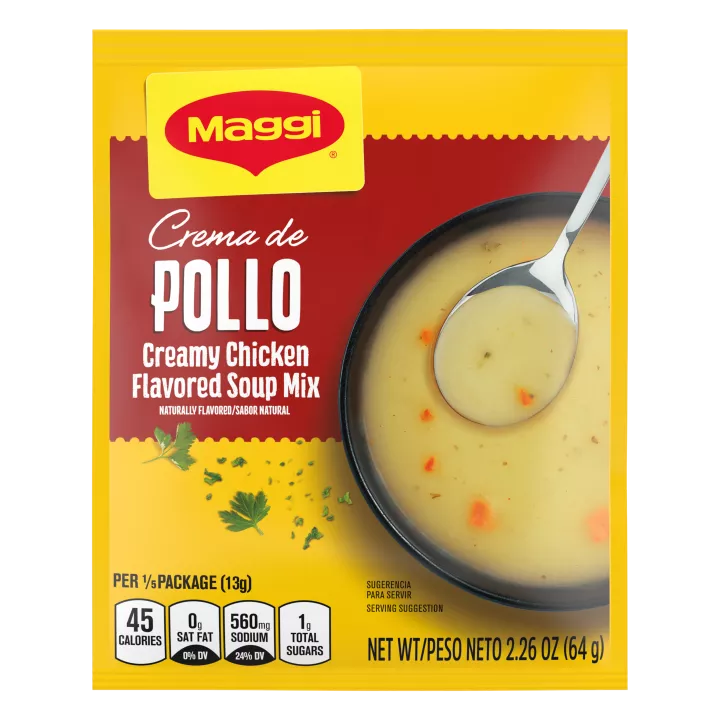 Creamy Chicken Soup mix with a spoon, bowl of creamy soup and carrots, a whole chicken, and onion near a yellow label.