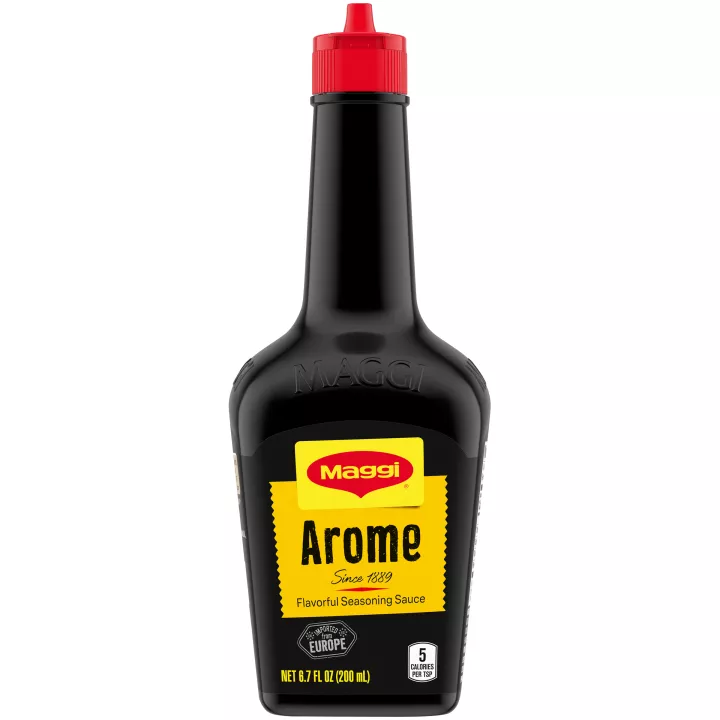 Front view of packaging for MAGGI Arôme Seasoning 800ml with a bright yellow label that reads Arôme.